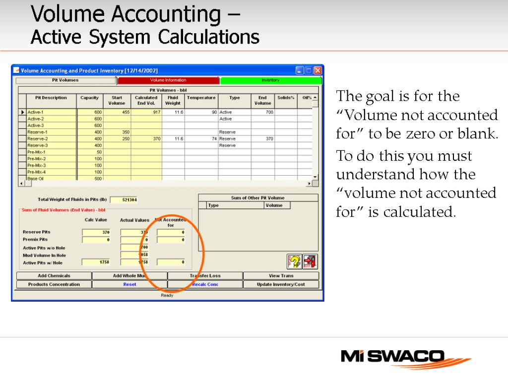 Volume Accounting – Active System Calculations The goal is for the “Volume not accounted